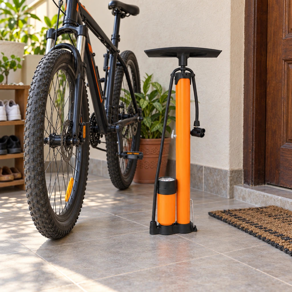 Coofix manual hand inflator standing beside a parked bicycle on a Ghanaian home veranda