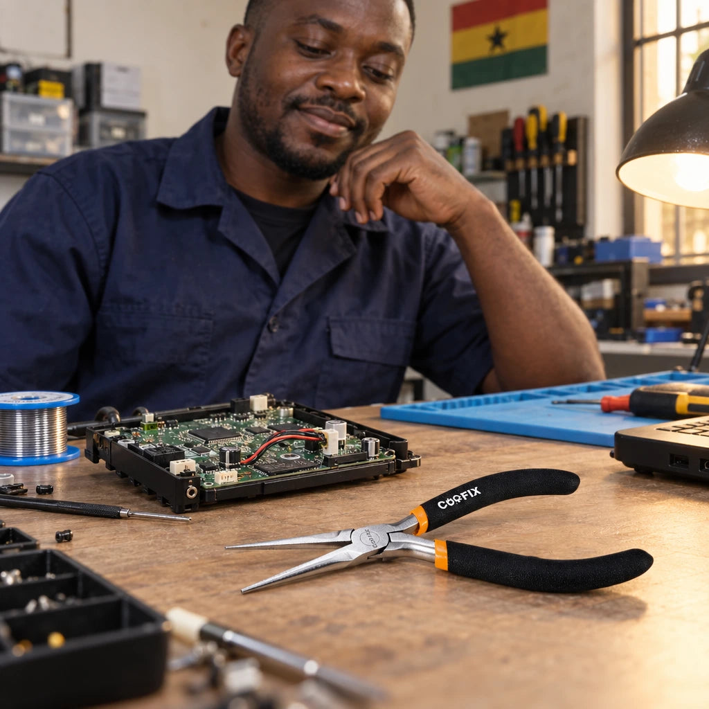 Completed electronics repair with Coofix mini needle-nose pliers beside the neatly positioned wire on a workbench