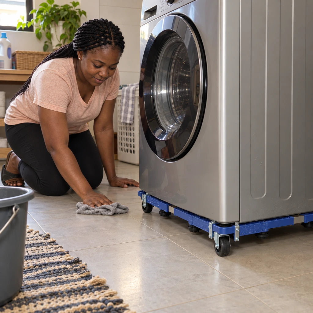 Homeowner cleaning the accessible floor beside a washing machine supported on a Coofix adjustable wheeled base stand