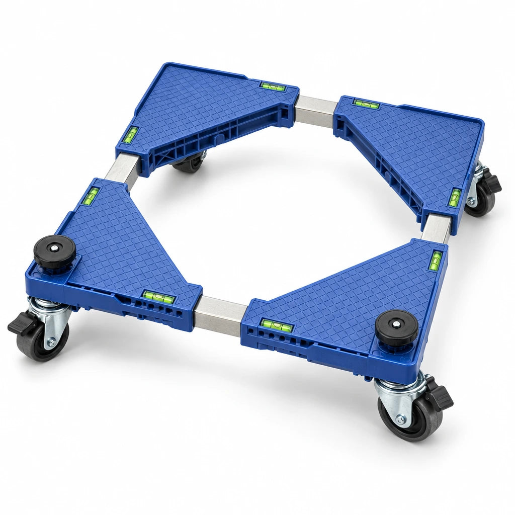 Coofix adjustable blue movable appliance base stand with silver rails, four caster wheels and built-in level indicators