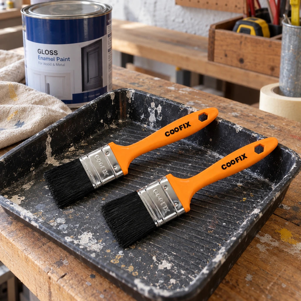 Coofix black-bristle paint brushes resting in a painter’s tray on a workshop bench