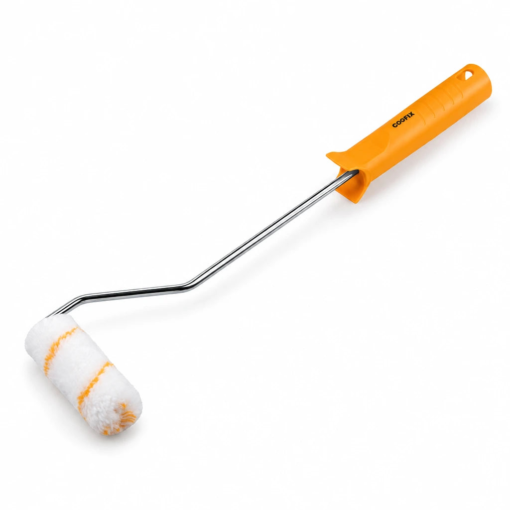 Coofix 4-inch paint roller with white fibre sleeve, chrome-plated bracket and orange handle on a white background