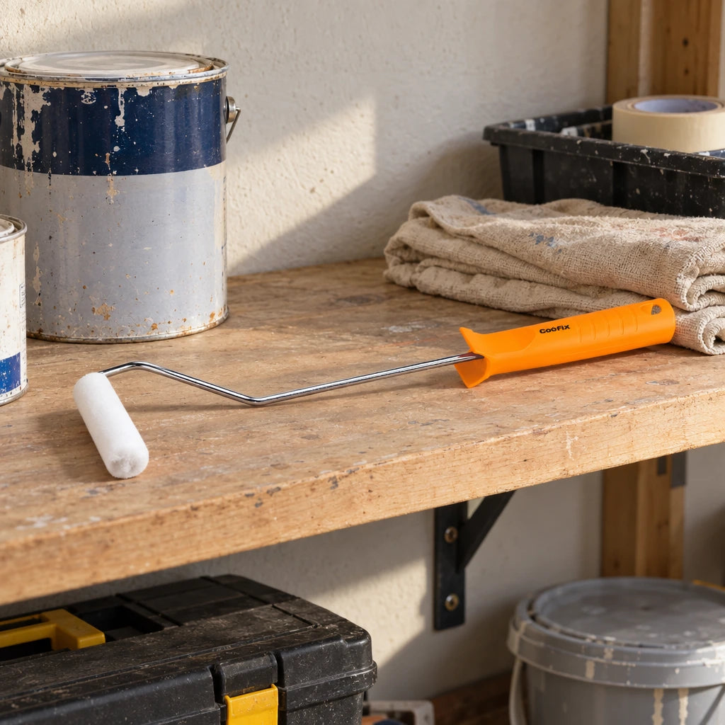 Coofix 4-inch paint roller resting on a workshop shelf beside painting supplies