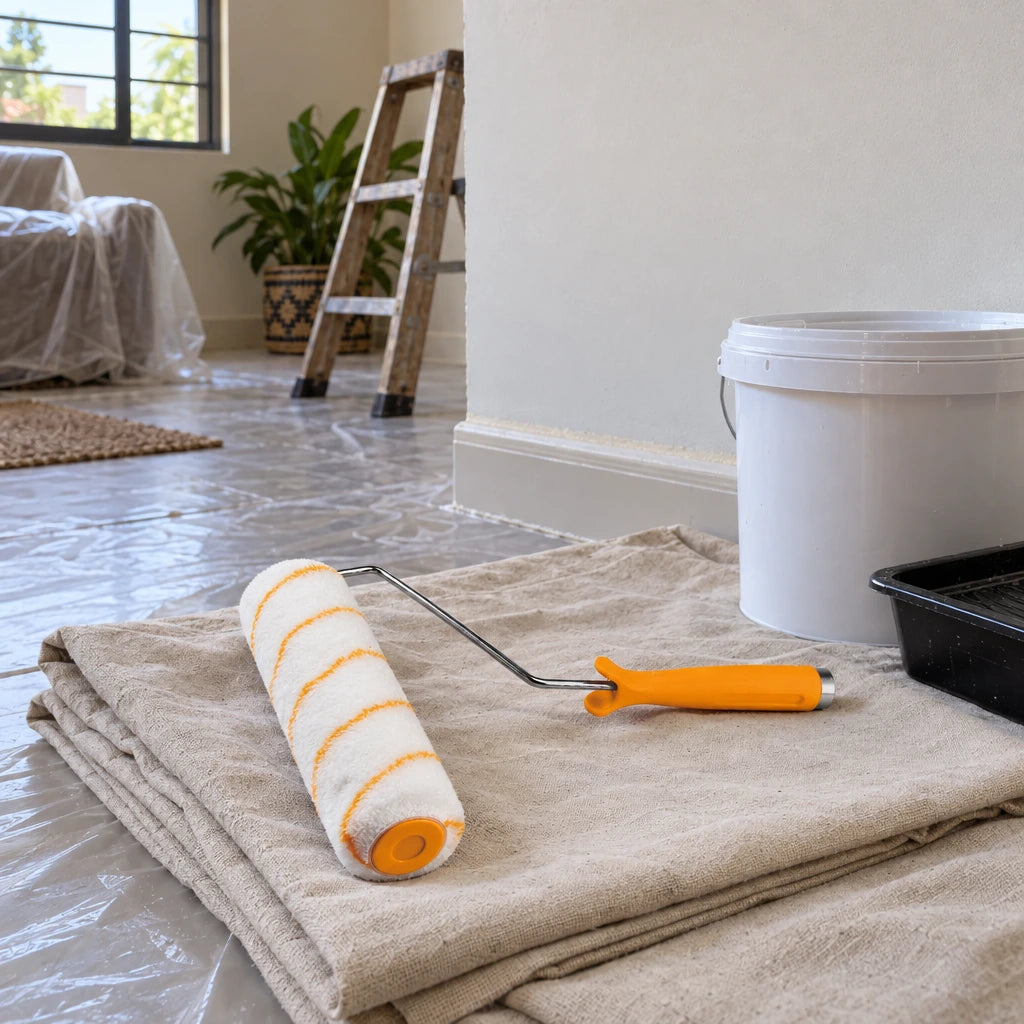 Coofix fibre paint roller resting on a drop cloth in a home painting workspace
