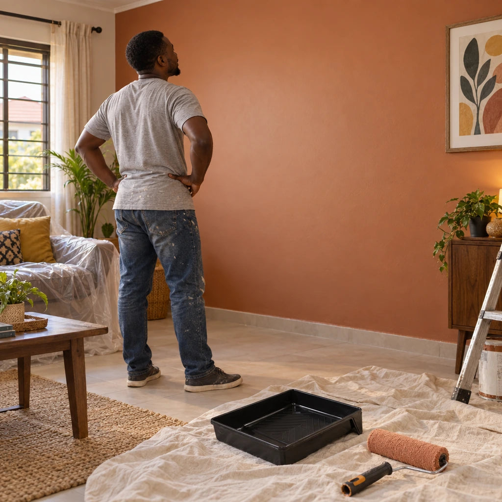 Freshly painted home interior with a Coofix paint tray resting on the protective floor covering