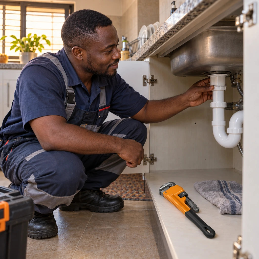 Plumber inspecting a dry repaired sink connection with a Coofix pipe wrench resting nearby