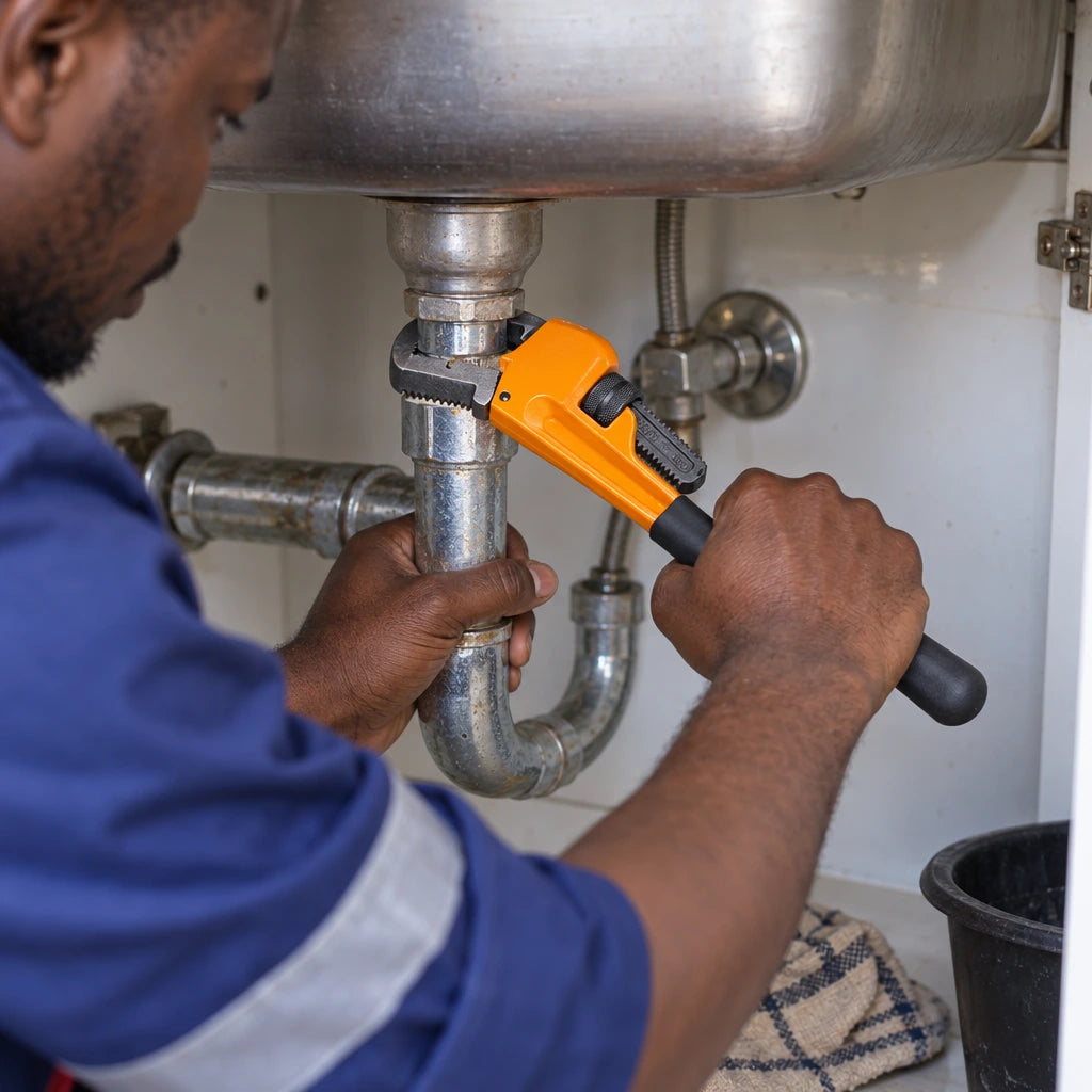 Ghanaian plumber using a Coofix orange and black pipe wrench to tighten a threaded pipe fitting under a sink
