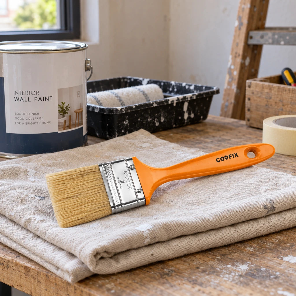 Coofix flat paint brush resting on a folded drop cloth on a home decorating workbench.