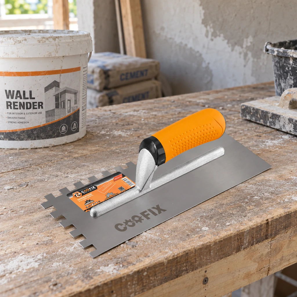 Coofix toothed plastering trowel resting on a renovation workbench before use