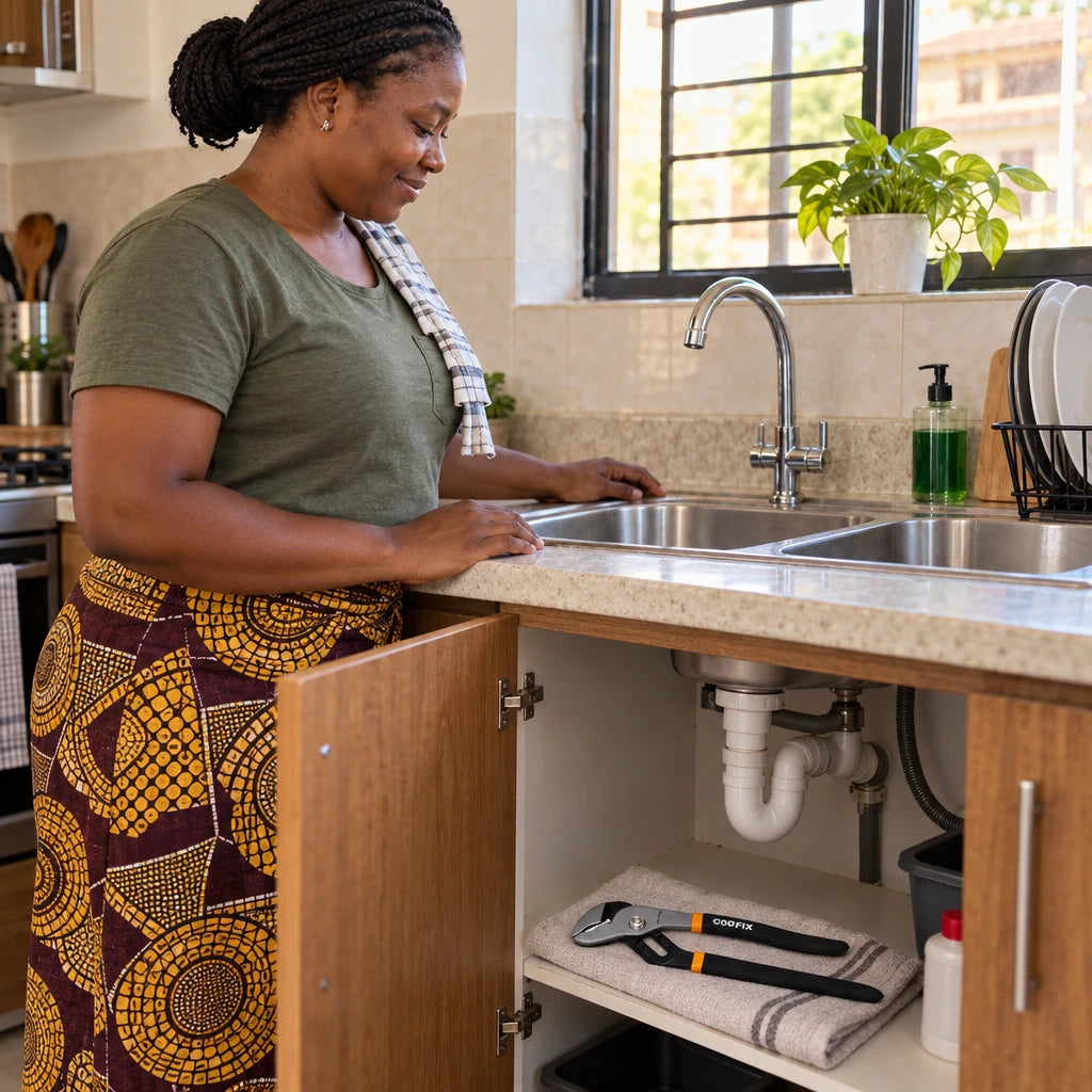 Ghanaian homeowner beside a dry repaired kitchen sink with Coofix pump pliers resting in the open cabinet