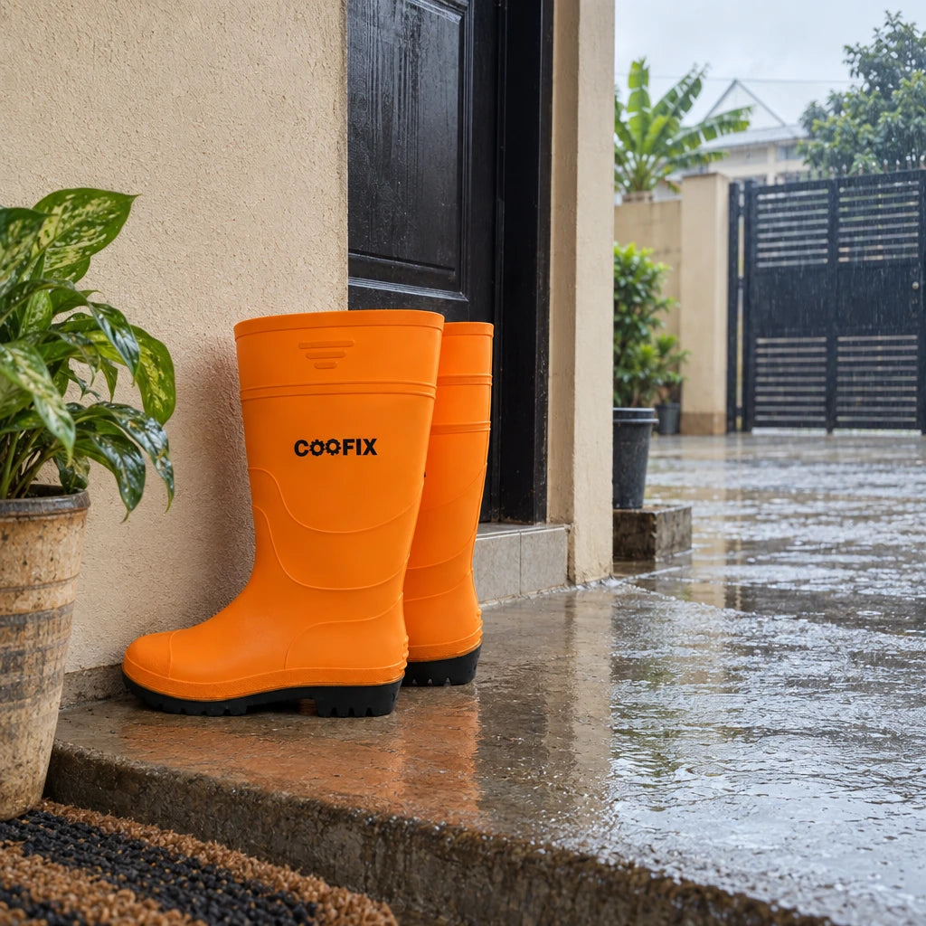 Orange Coofix rain boots standing by a damp concrete entrance before outdoor work