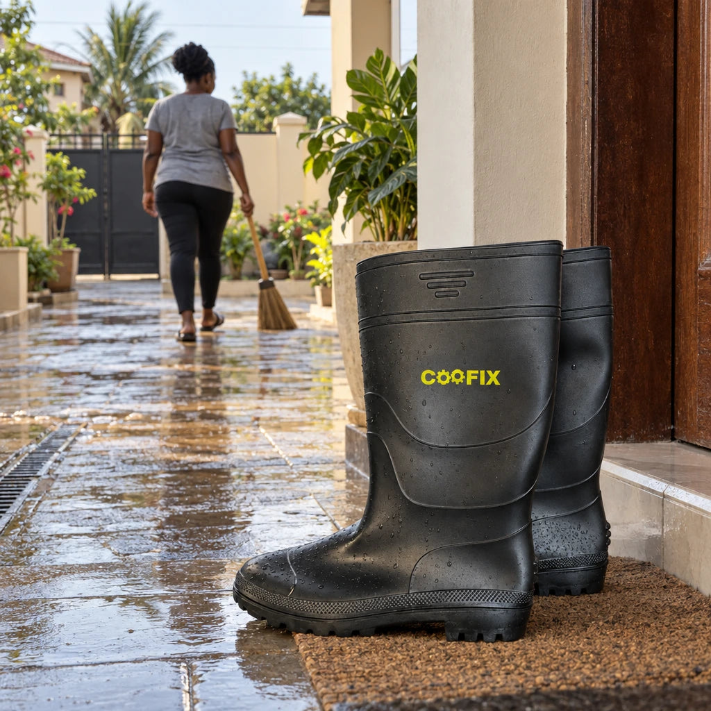 Black Coofix rain boots beside a freshly cleared wet courtyard after outdoor cleanup