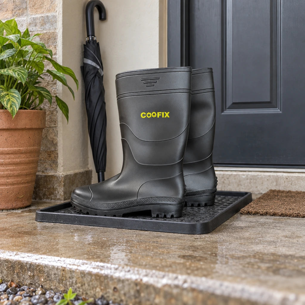 Black Coofix rain boots resting on a utility tray beside a covered entrance