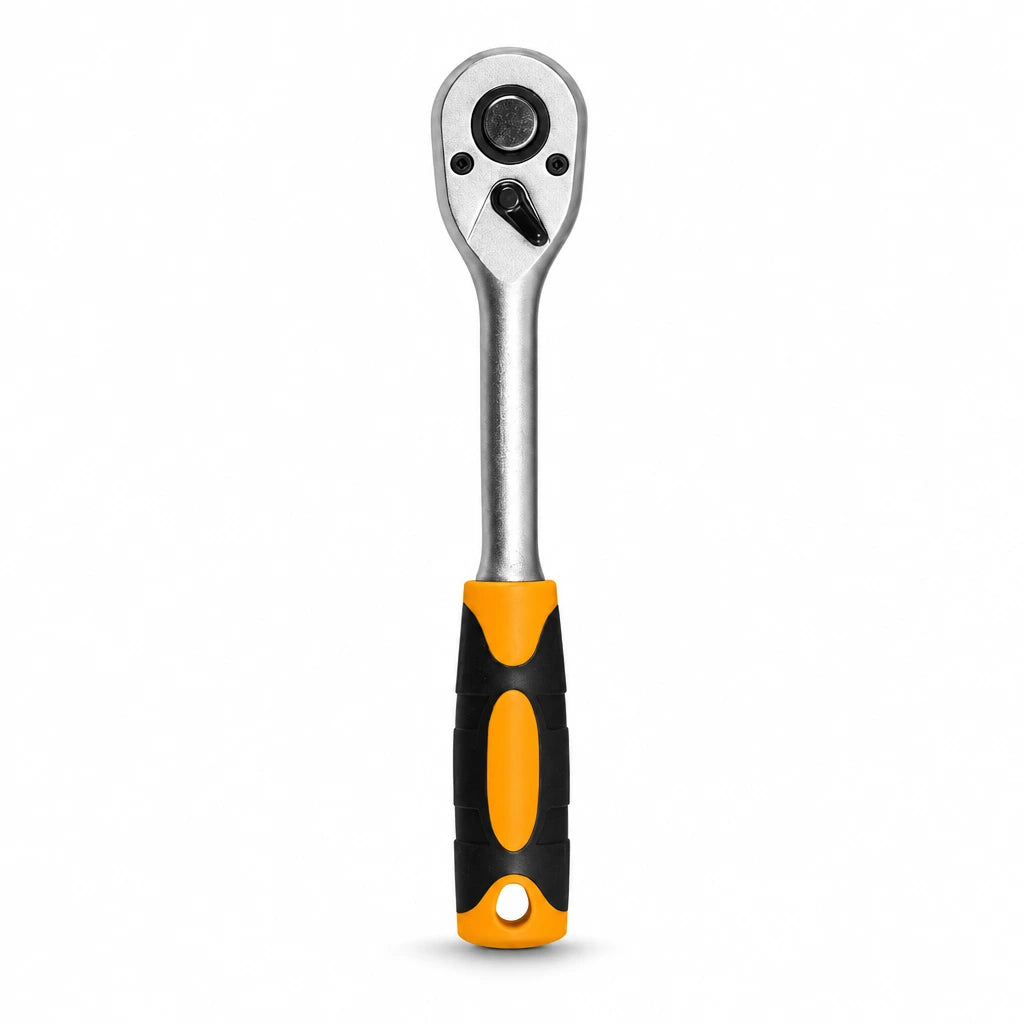 Coofix black and orange ratchet wrench with silver reversible head on a white background