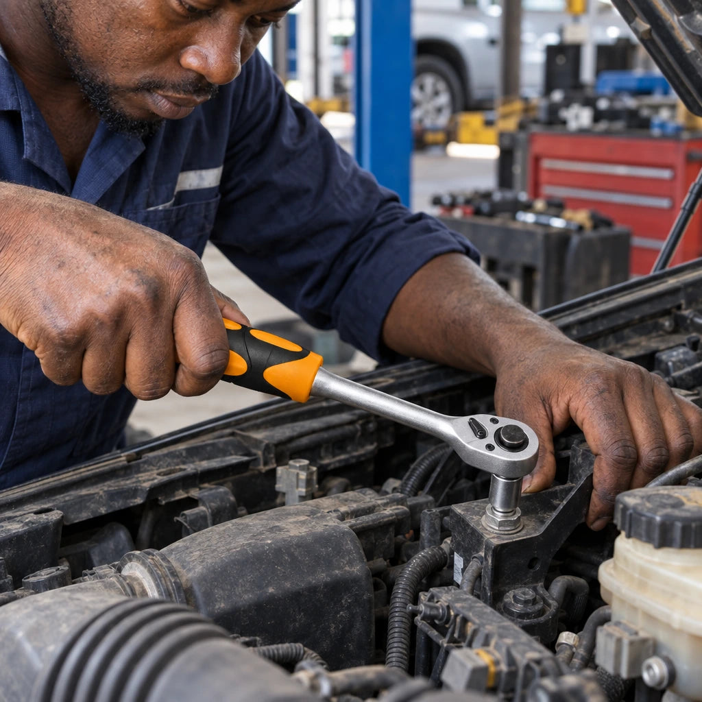 Ghanaian mechanic using a Coofix ratchet wrench to loosen a fastener in a vehicle engine bay