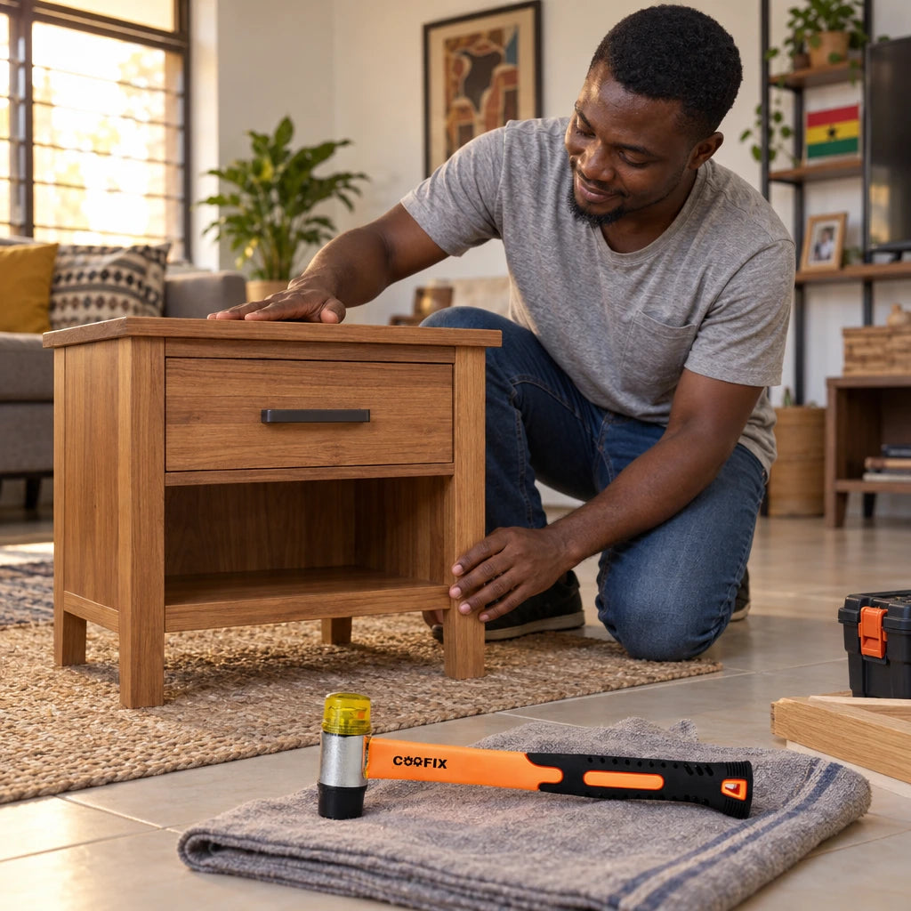 Completed wooden furniture beside a Coofix dual-face hammer after careful non-marring assembly