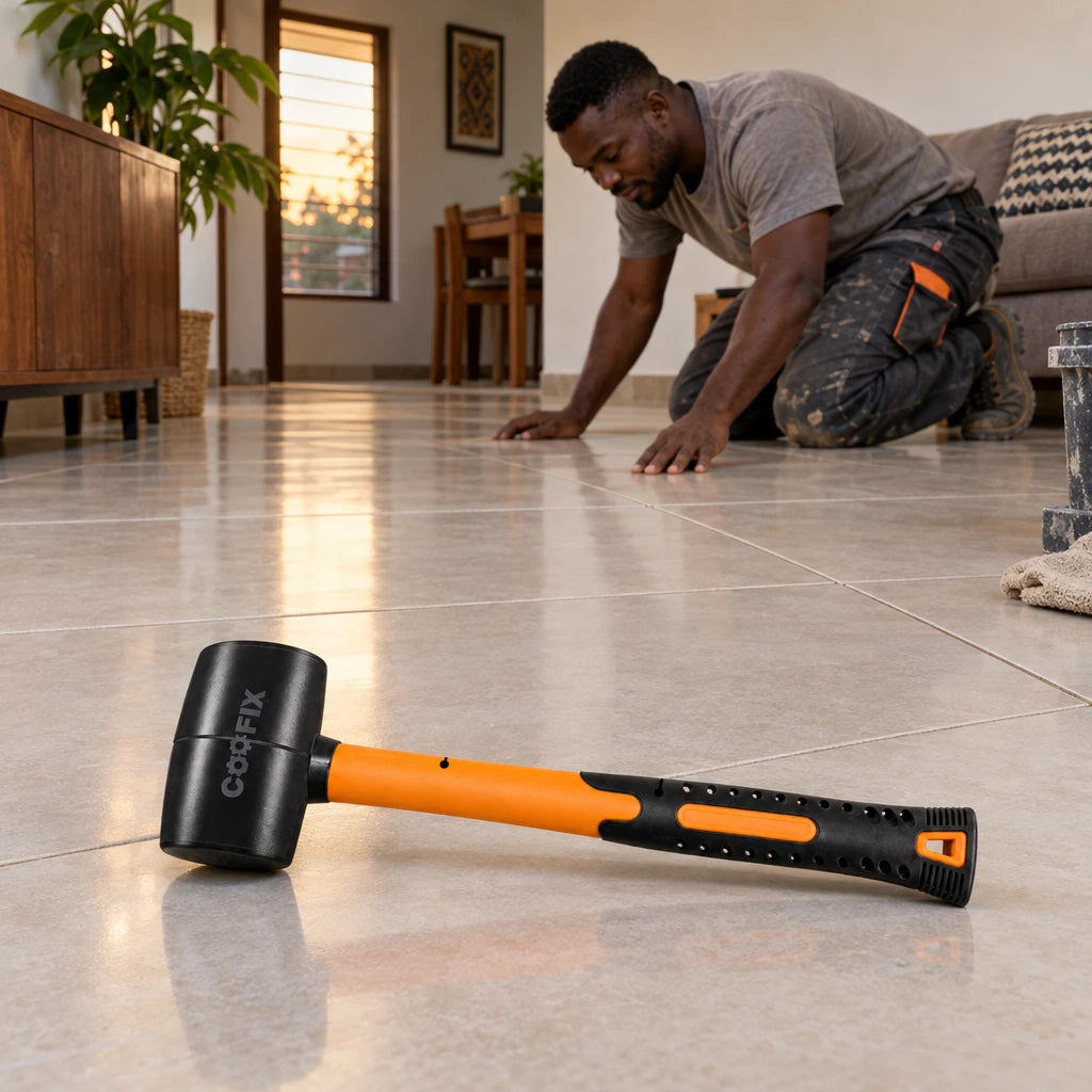 Finished tiled floor with a Coofix rubber mallet resting nearby after installation