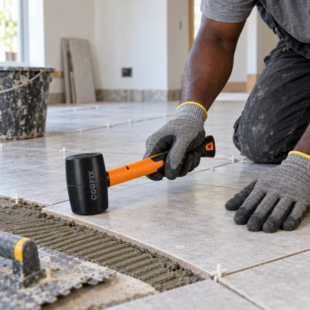 Ghanaian installer using a Coofix black rubber mallet to gently set a floor tile