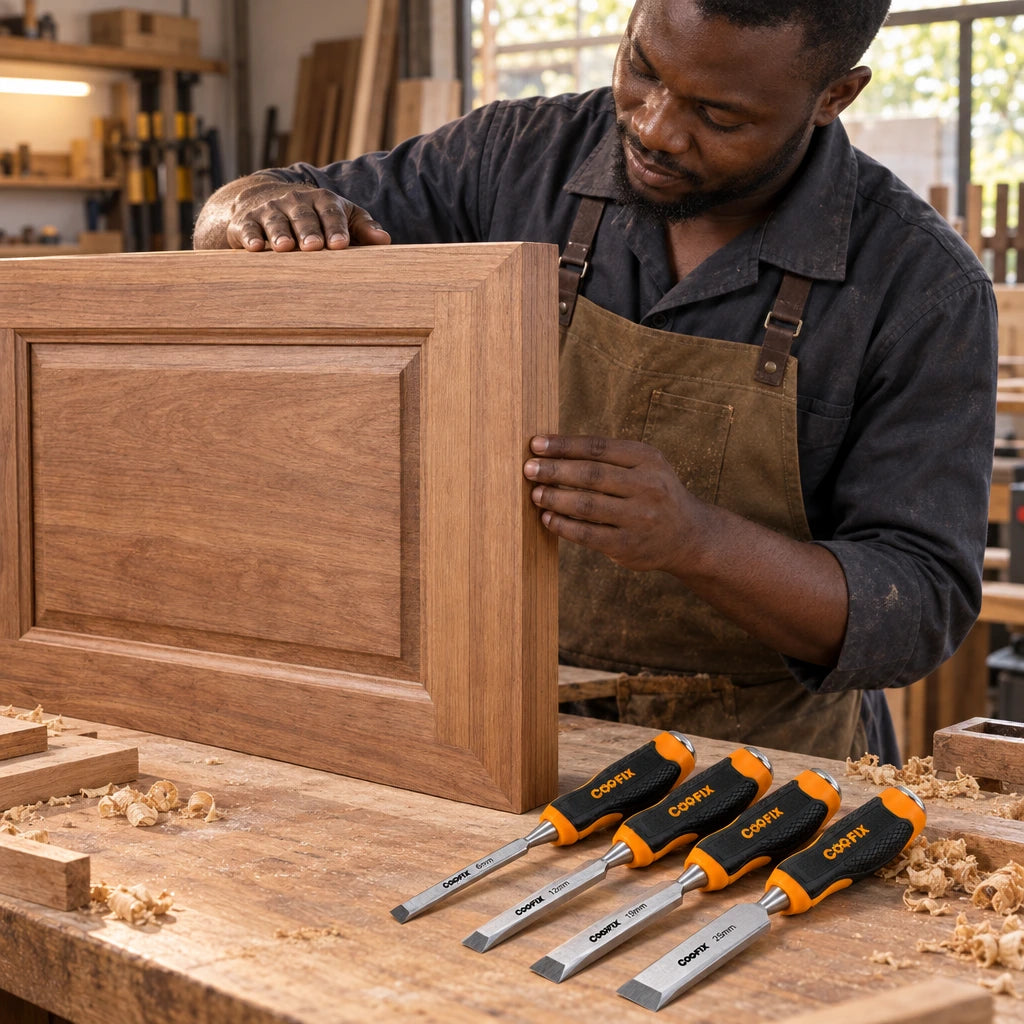 Finished timber cabinet joinery beside a Coofix four-piece wood chisel set in a Ghanaian workshop