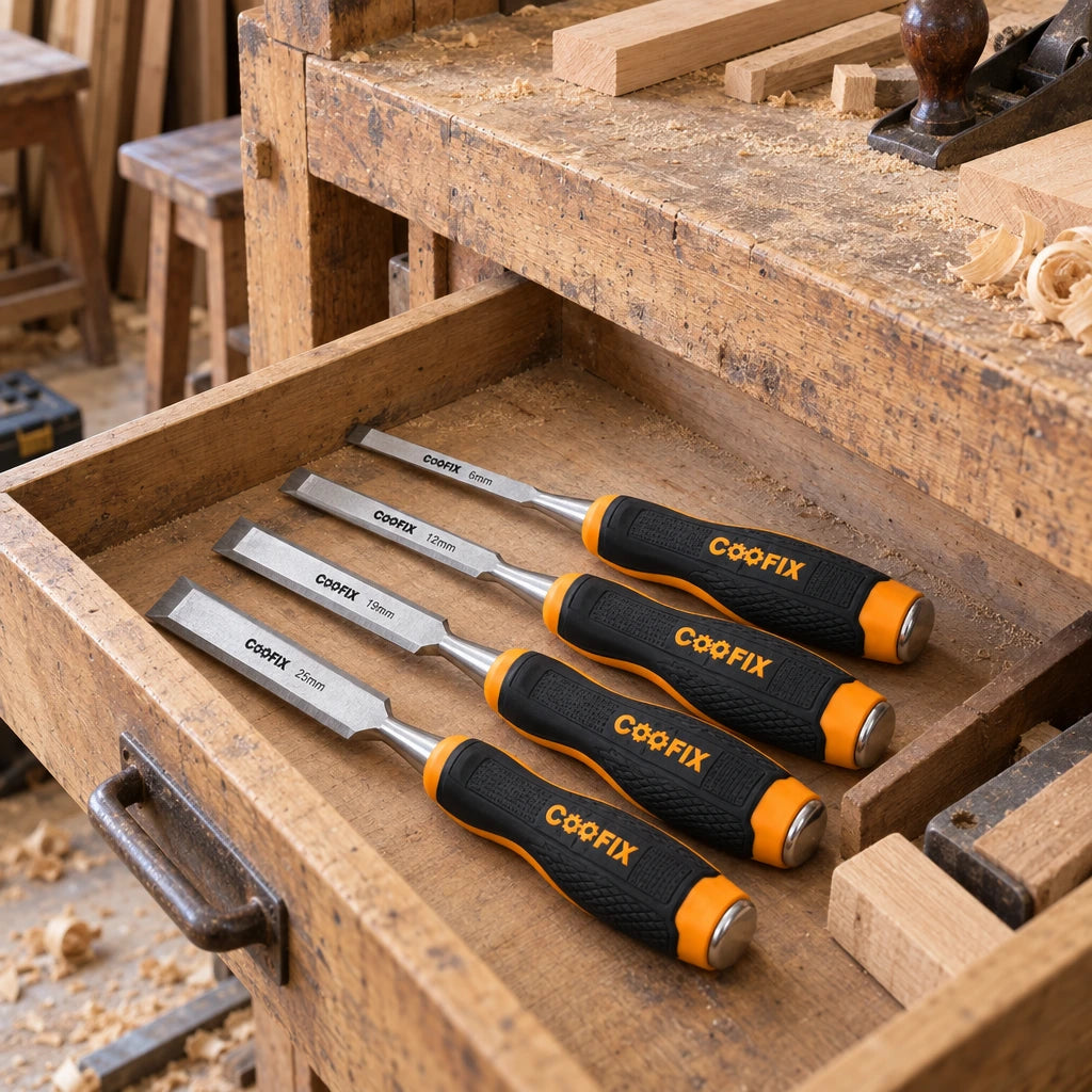 Coofix four-piece wood chisel set resting in an open workshop tool drawer beneath a carpentry bench