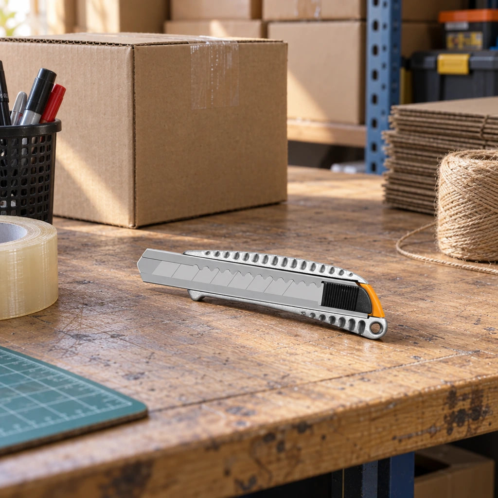 Coofix aluminium snap-off blade knife resting on a Ghanaian packing bench beside closed cardboard cartons