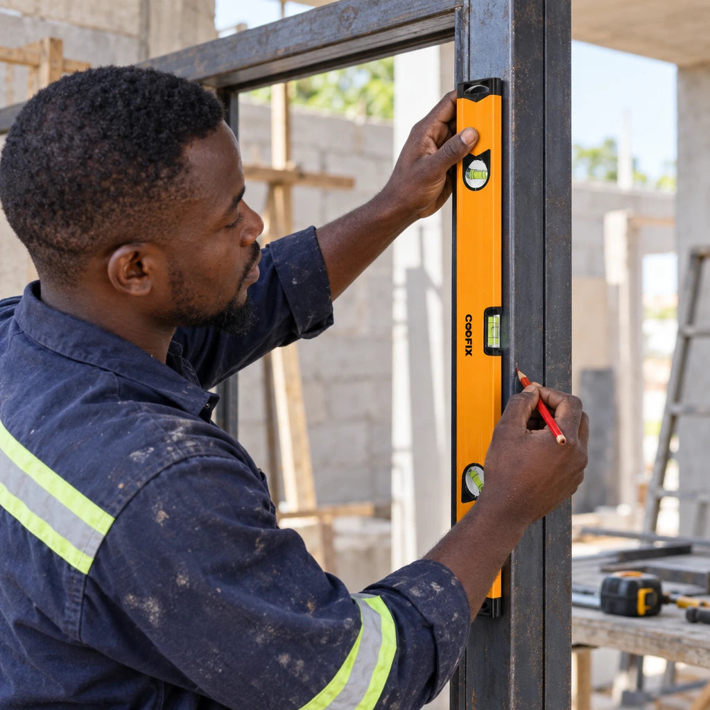 Ghanaian tradesperson using a Coofix magnetic spirit level to check a steel door frame