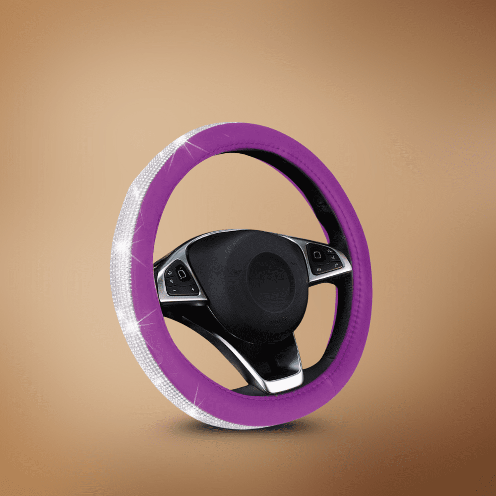 SM Select Interior Comfort & Styling Leather Steering Wheel Cover With Bling Crystal Rhinestones
