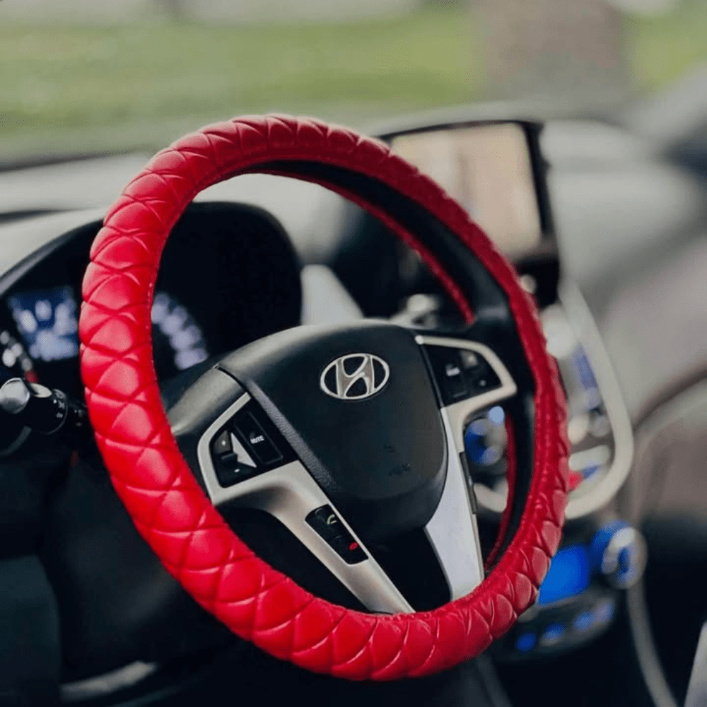 SM Select Interior Comfort & Styling Woven Textured Red Leather Universal Steering Wheel Cover