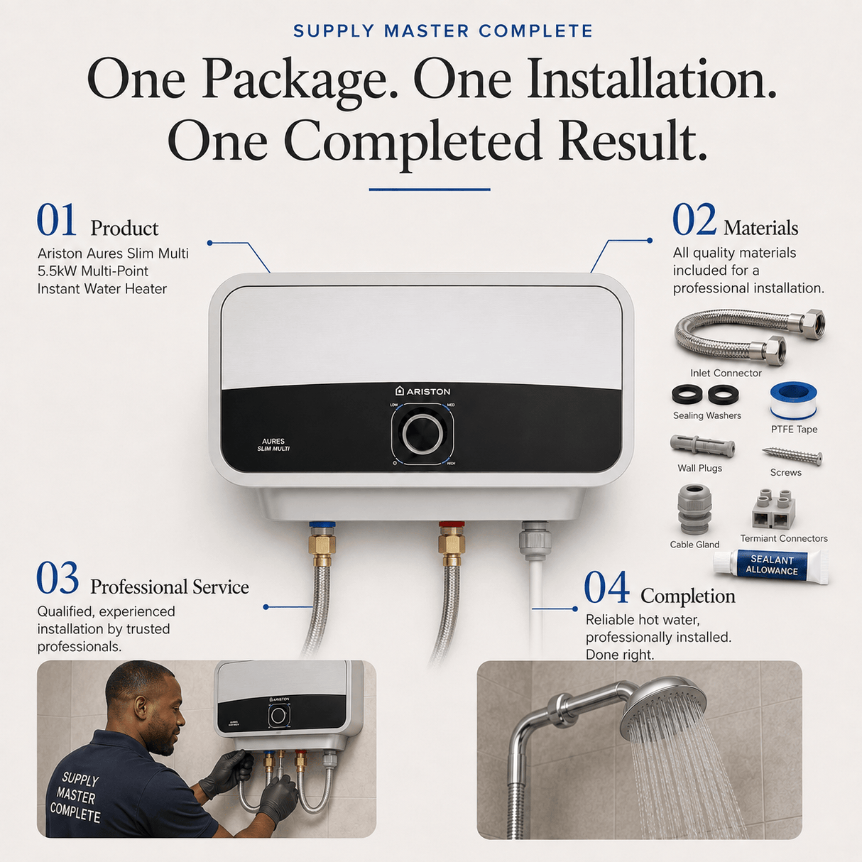 Supply Master Supply Master Complete Ariston Aures Slim 5.5kW Multi-Point Instant Water Heater + Professional Replacement Installation | Supply Master Complete
