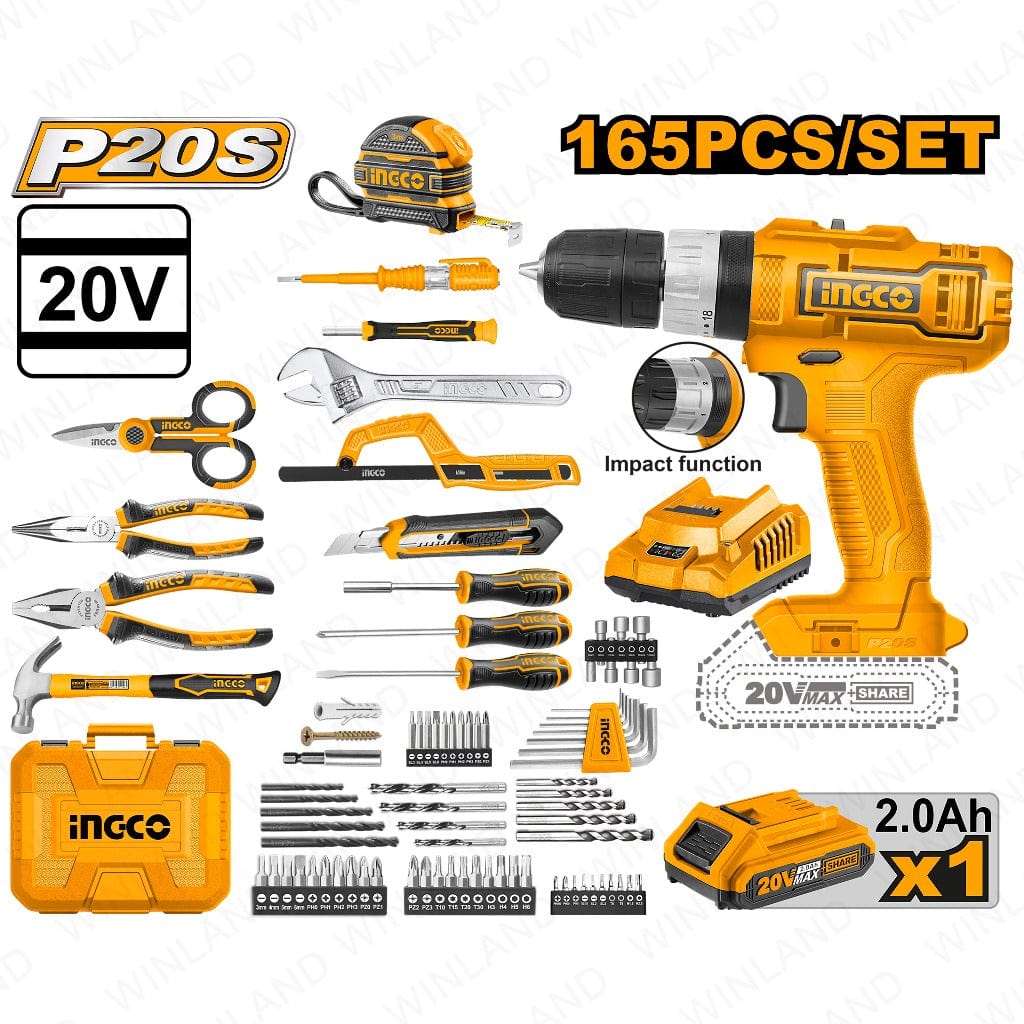 Ingco 165 Pieces Tools Set with 20V Lithium-Ion Cordless Impact Drill - HKTHP11651 | Supply Master Accra, Ghana Tool Set Buy Tools hardware Building materials