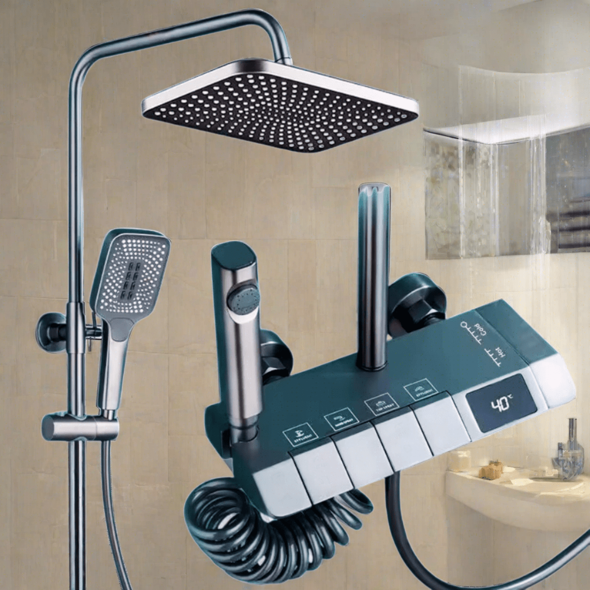 Buy Doli Bathroom Matte Gun Grey Wall Mounted Four-Function Square Rain Shower Set with Temperature Reader & Timer - 6BN | Shop at Supply Master Accra, Ghana Shower Set Buy Tools hardware Building materials