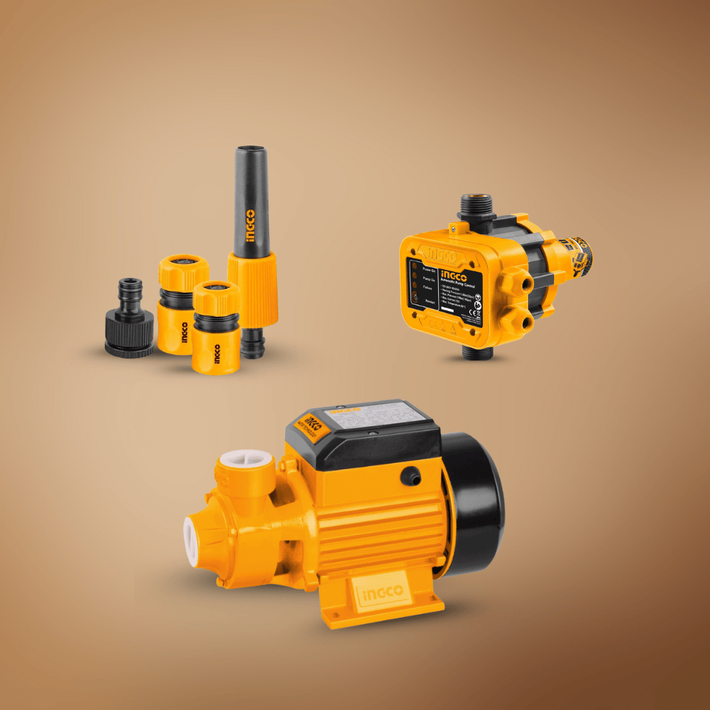 Supply Master Pump Control Pump And Flow Master Kit - Ingco 0.5HP Peripheral Water Pump + Ingco Automatic Pump Control + Ingco 5-Piece Twist Nozzle Set with Hose Connectors