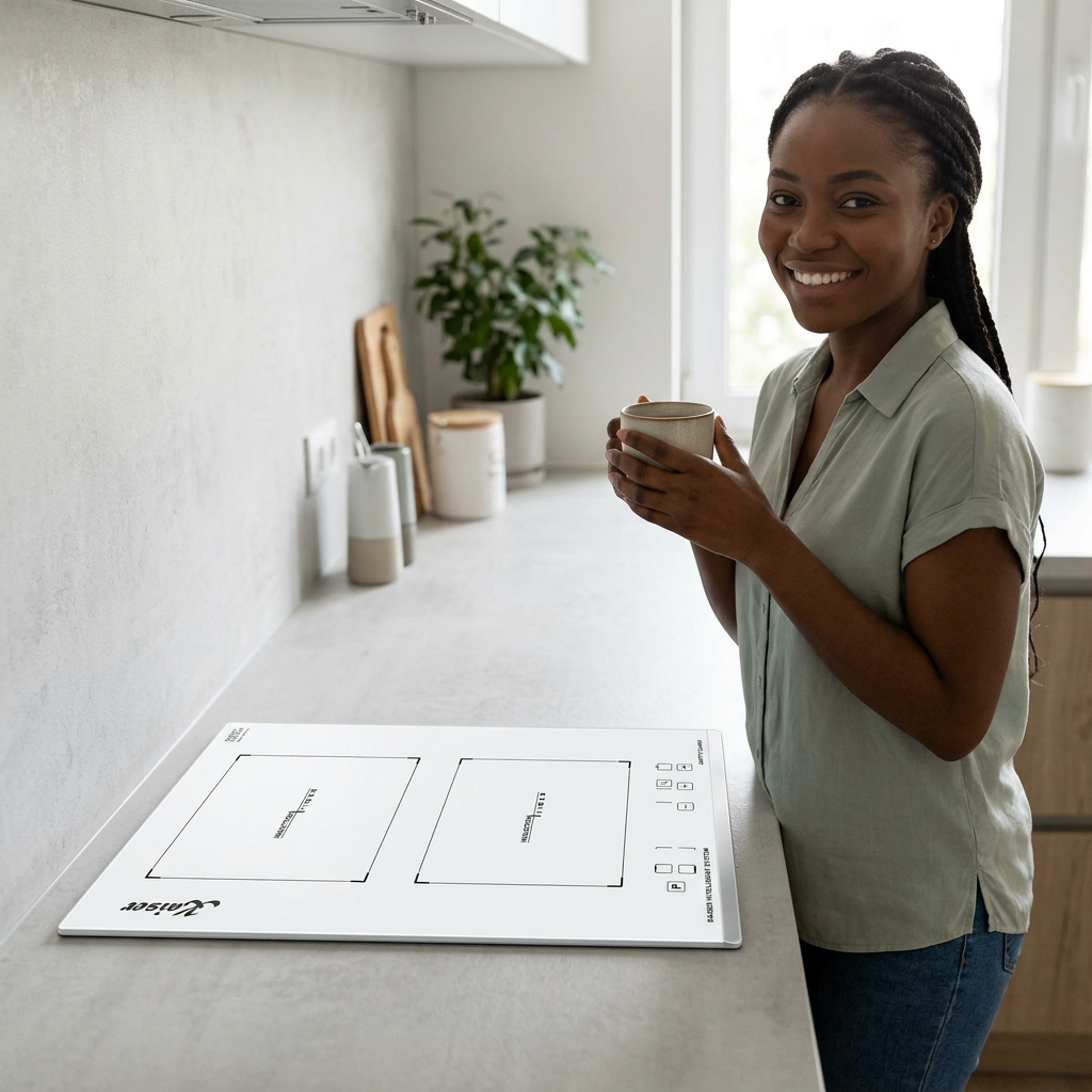 Tea-break lifestyle scene beside the white Domino induction hob