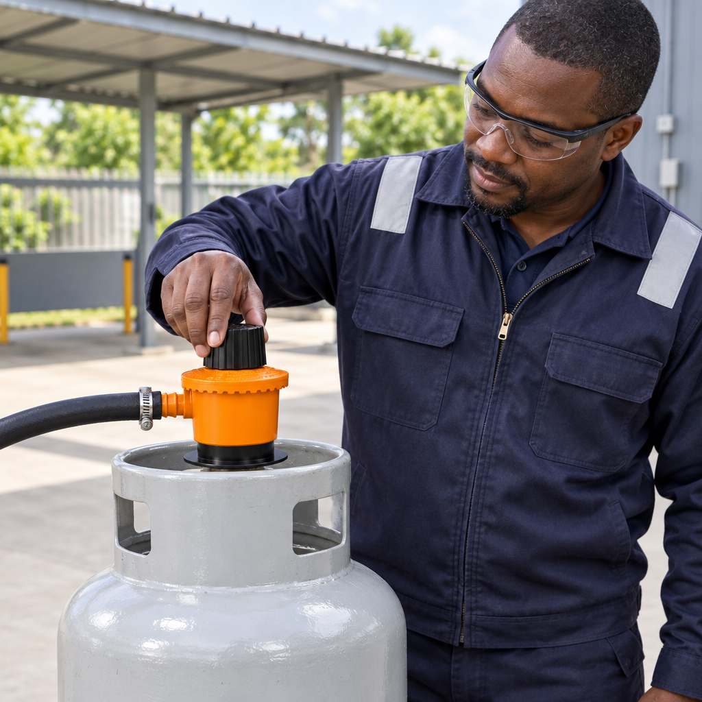 Technician adjusting the Coofix gas regulator on a cylinder