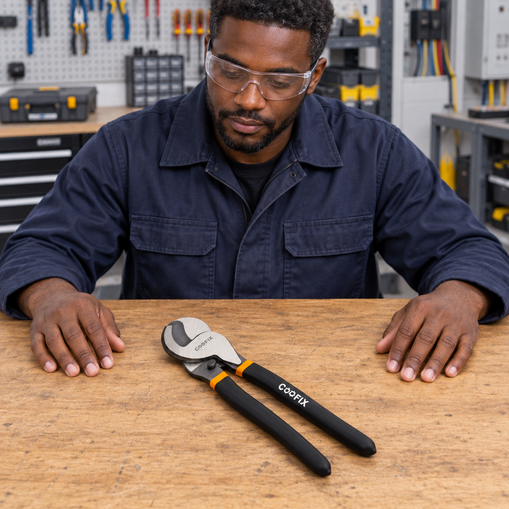 Technician assessing the Coofix cable cutter on a workbench
