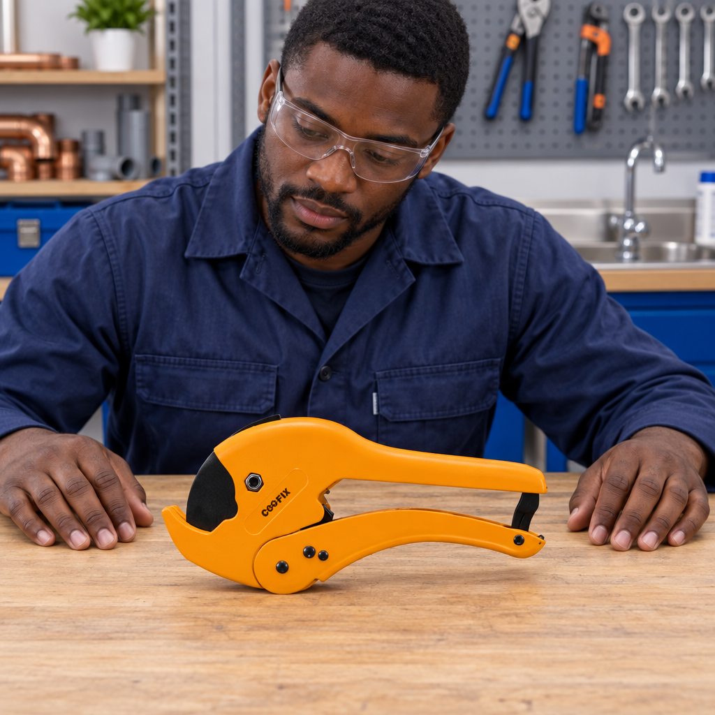 Technician assessing the Coofix pipe cutter on a workbench