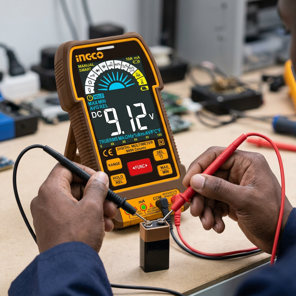 Technician checking a 9V battery with the Ingco colour digital multimeter