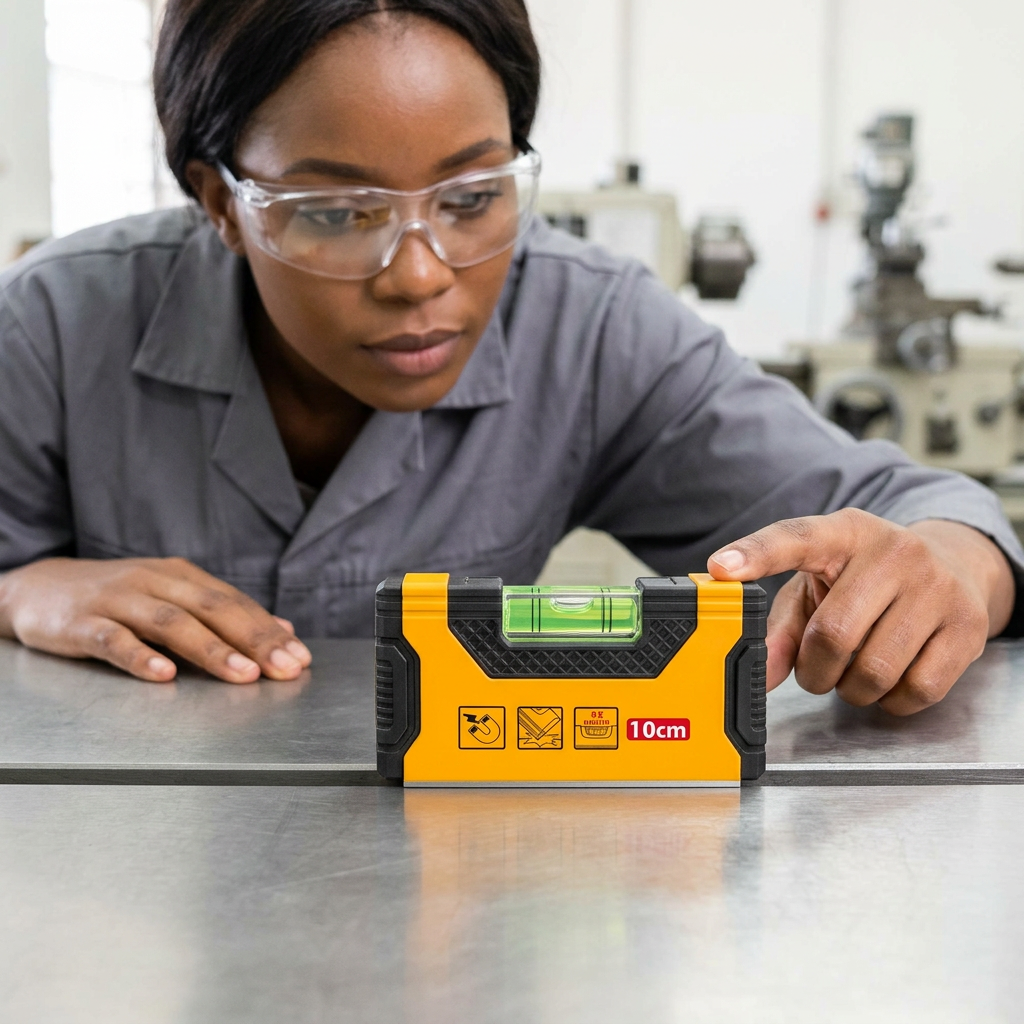 Technician checking a steel work surface with the Ingco magnetic hand level
