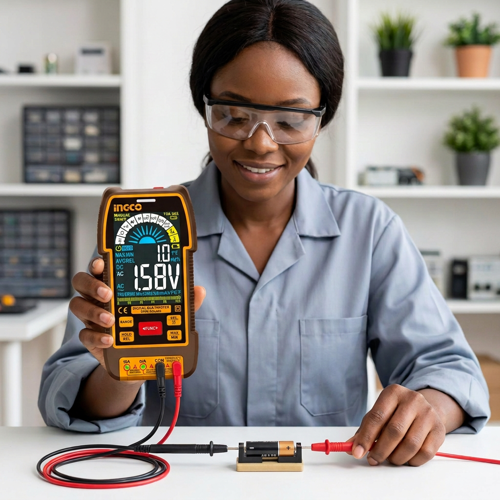 Technician checking an AA battery with the Ingco colour digital multimeter