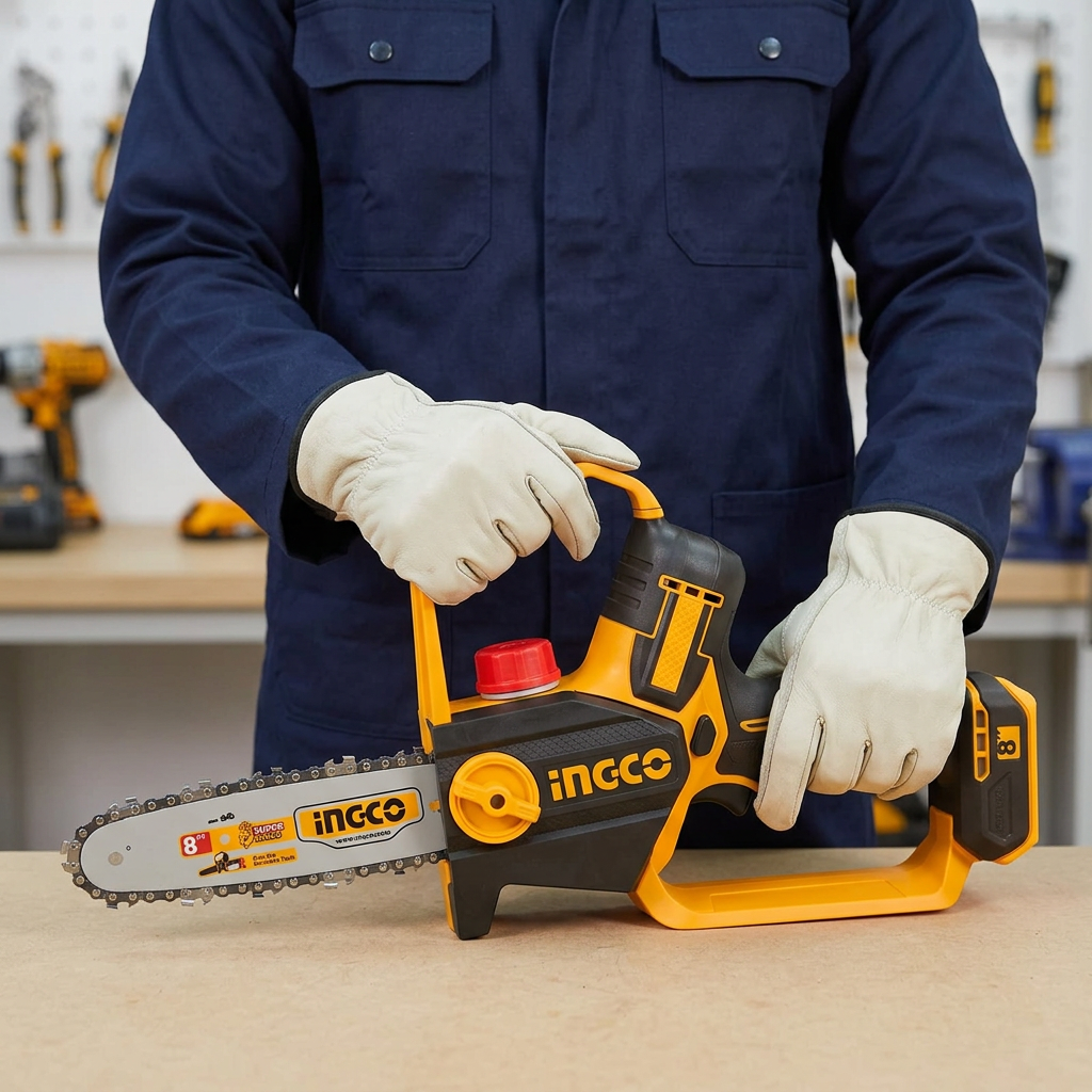 Technician checking the inactive Ingco 8-inch pruning saw