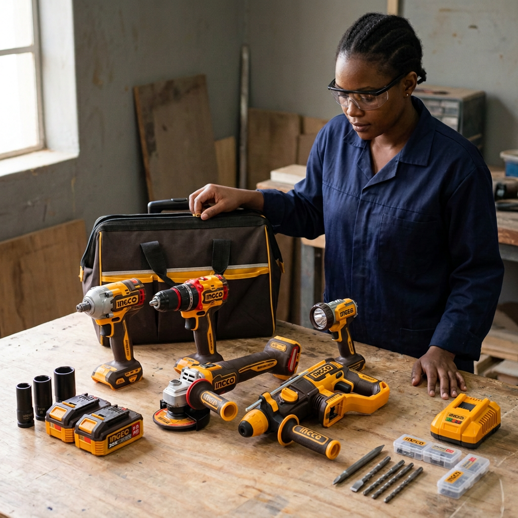 Technician checking the Ingco five-tool combo kit in a naturally lit workshop