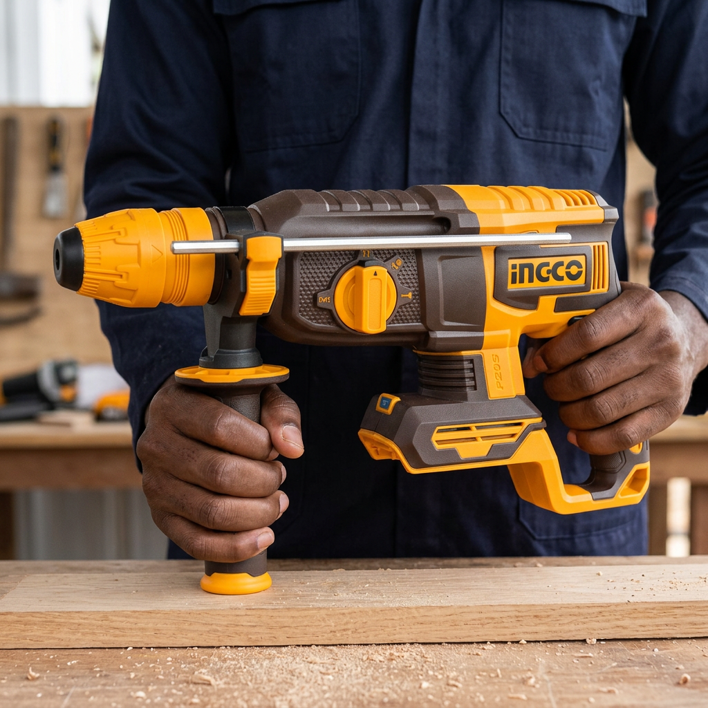 Technician checking the Ingco rotary hammer’s two-handed grip before use