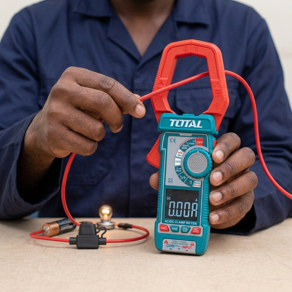 Technician demonstrating the Total TMT7610002 clamp meter