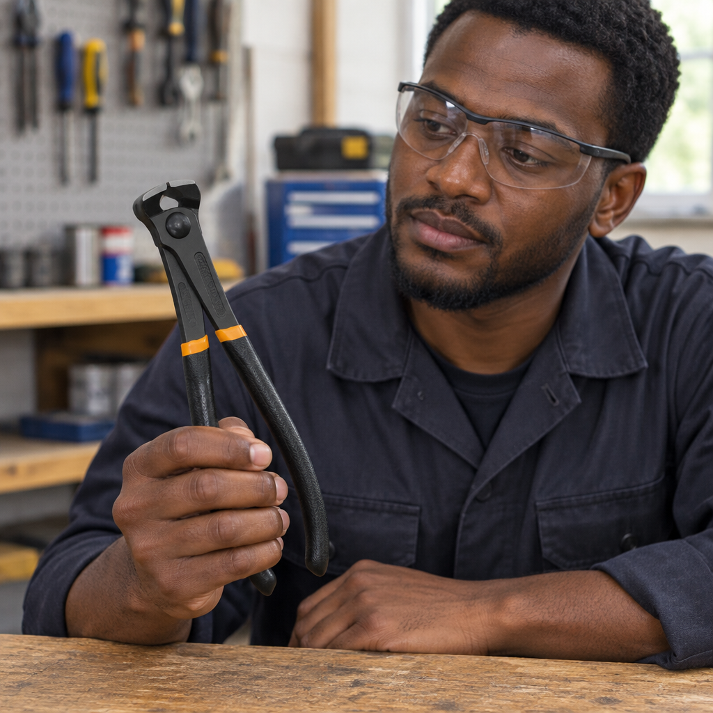 Technician examining the Coofix end-cutting pliers over a workbench