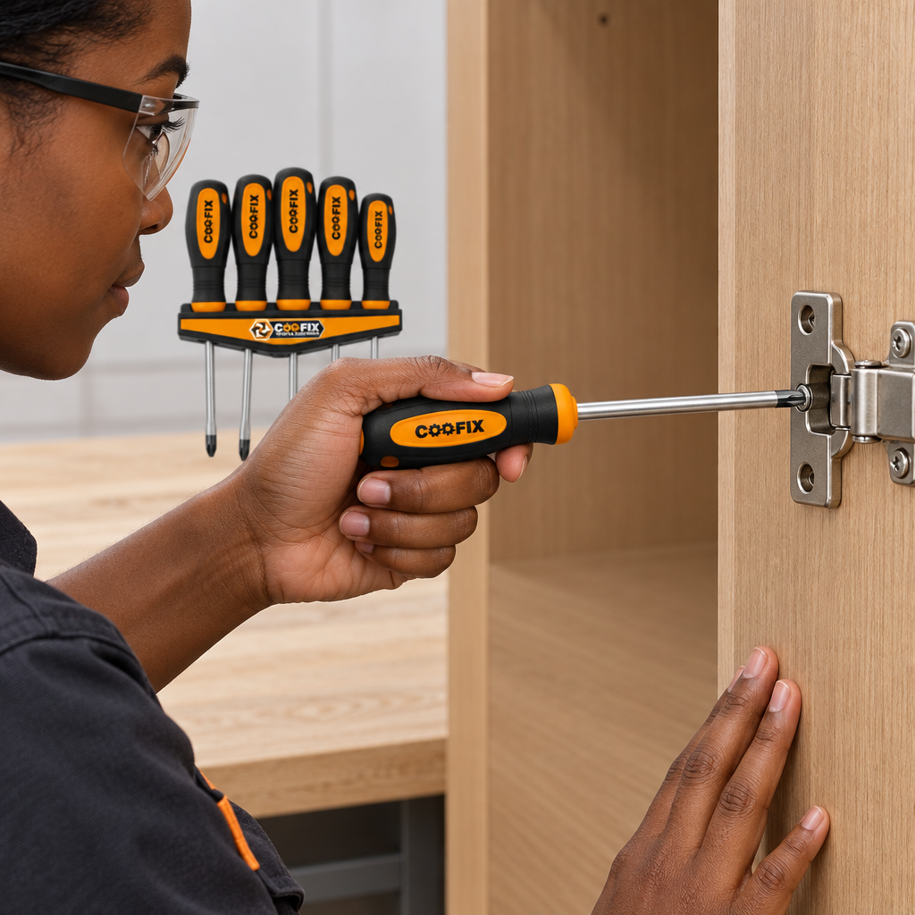 Technician fastening a cabinet hinge with one Coofix screwdriver