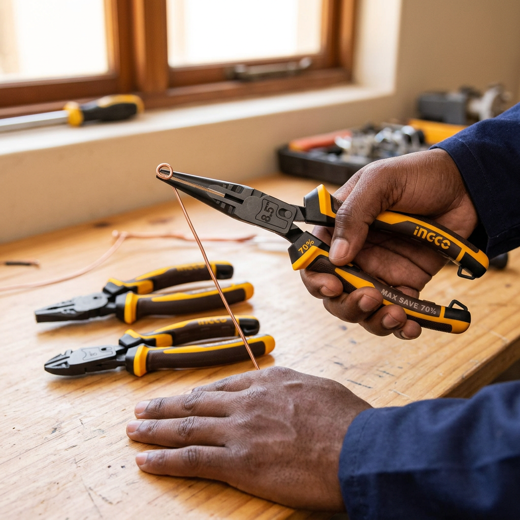 Technician forming a copper-wire loop with the Ingco long-nose pliers