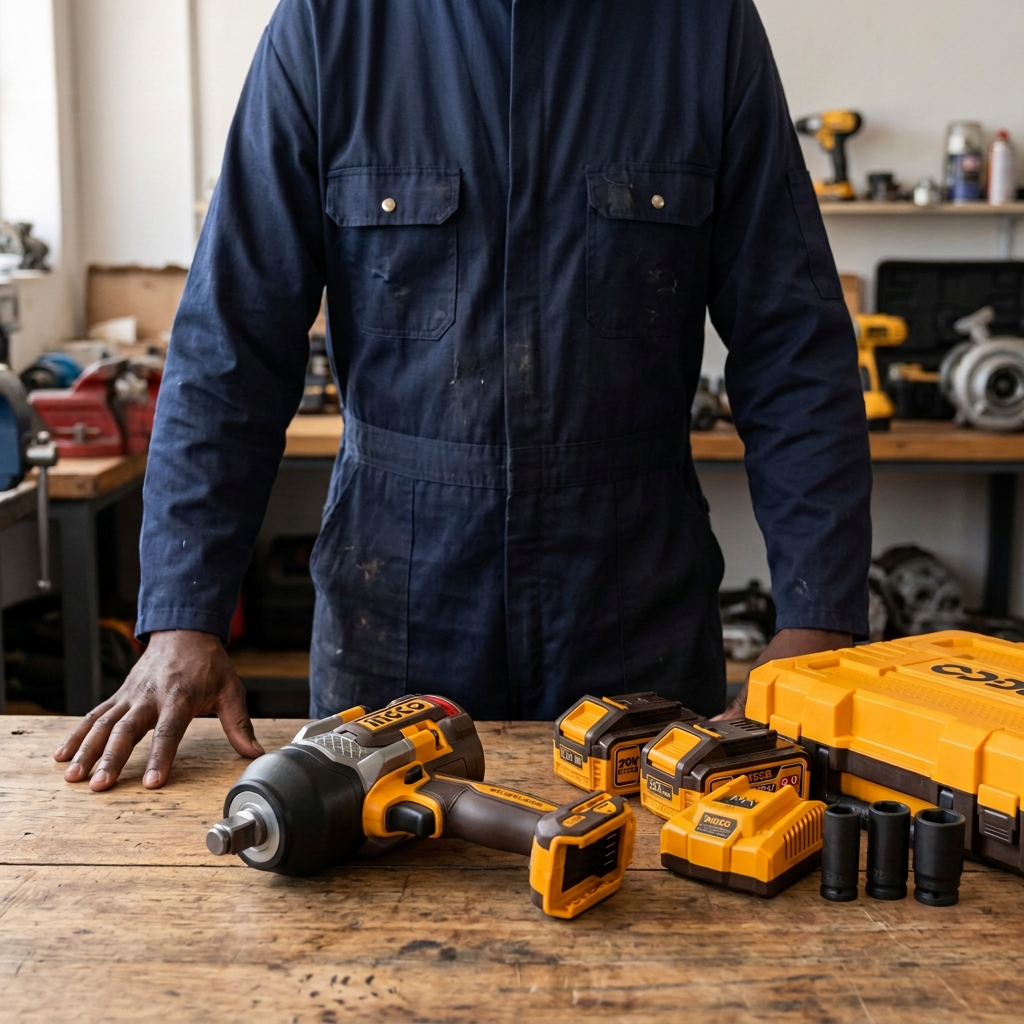 Technician inspecting the impact wrench kit