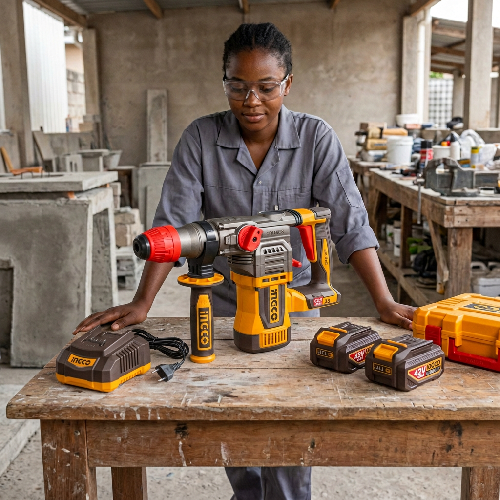 Technician inspecting the inactive Ingco rotary hammer kit before work