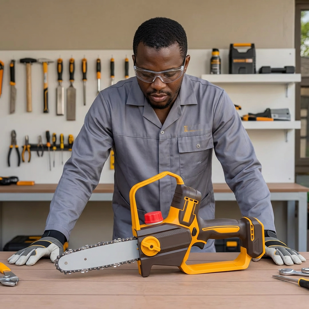 Technician inspecting the Ingco 8-inch pruning saw at a service bench