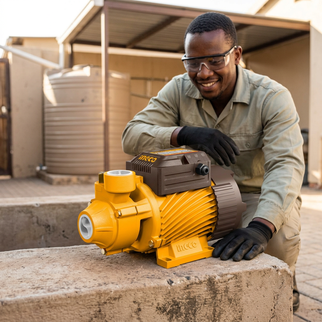 Technician inspecting the Ingco peripheral water pump before installation